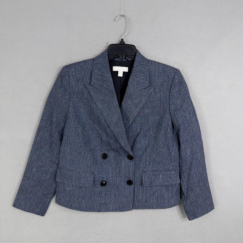 Boss Blazer Womens 4 Blue Check Double Breasted Short Jacket Tailored Workwear